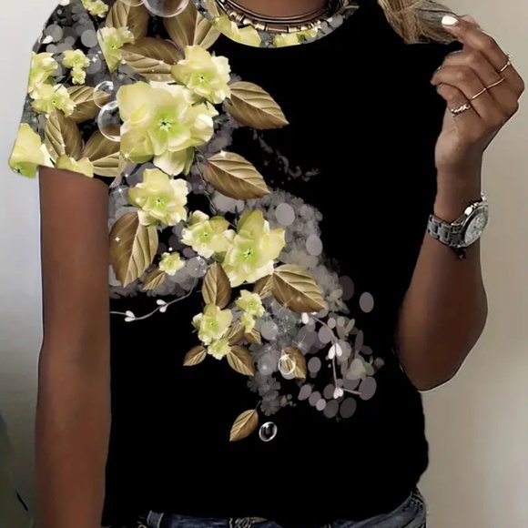 Tops - Yellow Floral on Black T-Shirt